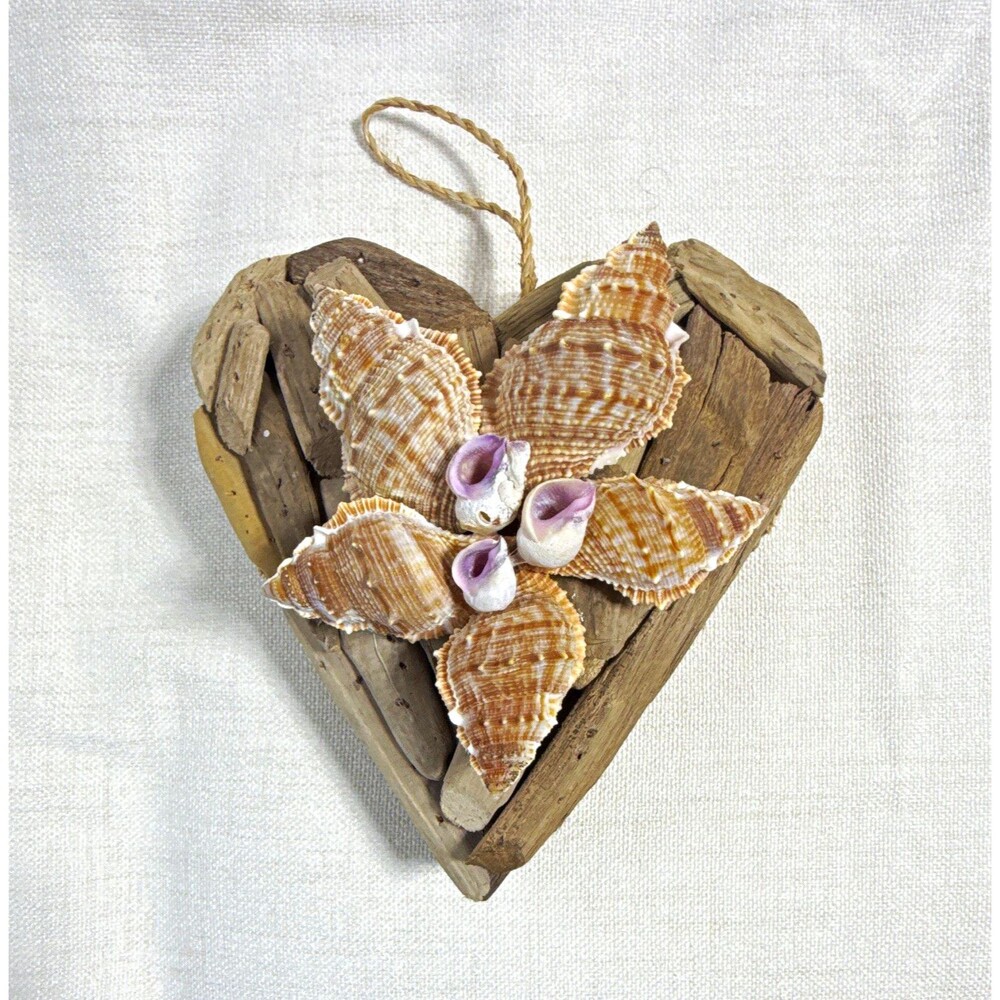 Coastal Heart Driftwood Hanging Ornament w/ Seashell Flower, Floral Brown Tan